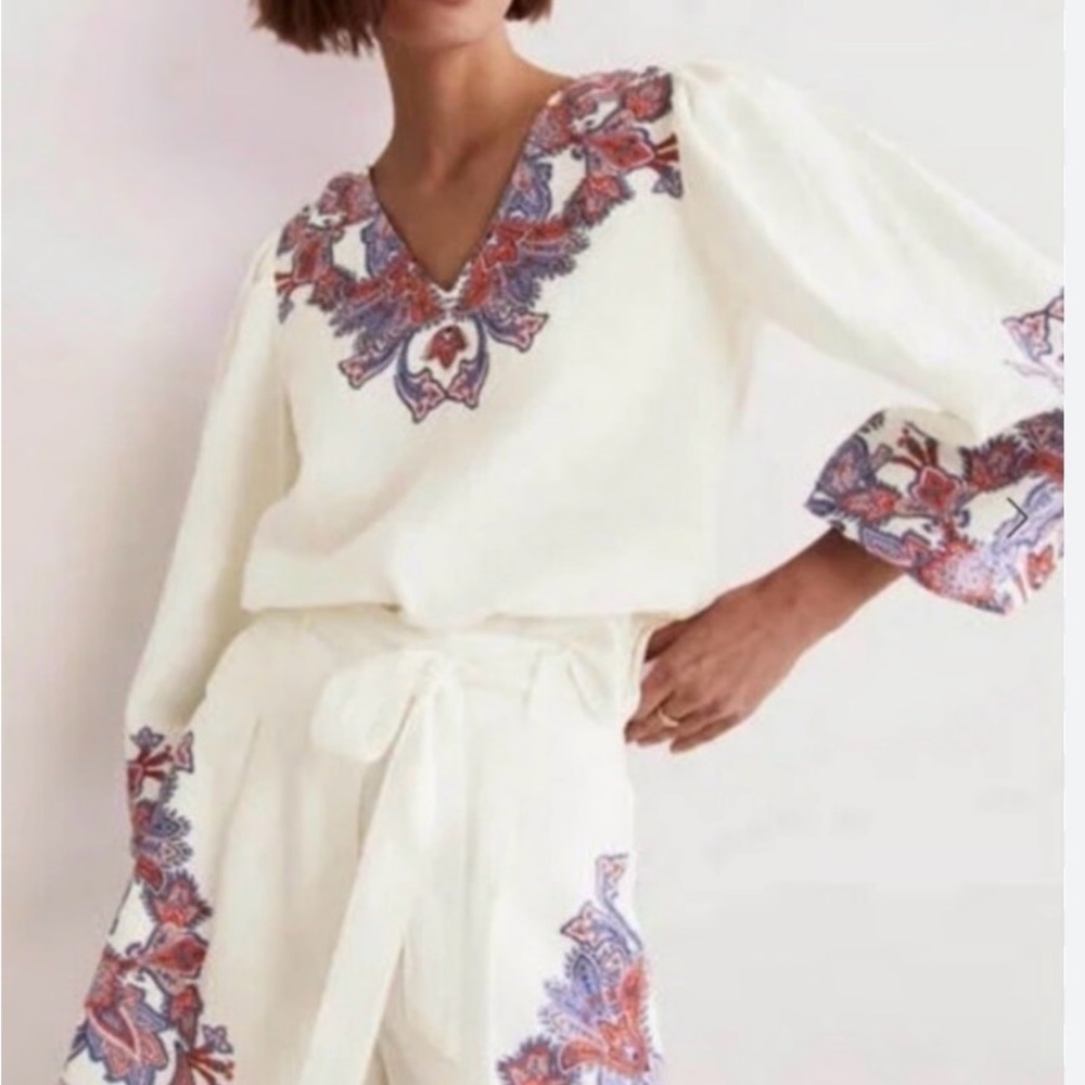 Boden Embroidered White Blouse and Short set
